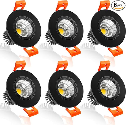 inShareplus 2 Inch LED Downlight, 3W Recessed Lighting COB Dimmable, 5000K Daylight White, CRI80, Black Trim, Ceiling Lights with LED Driver, 6 Pack