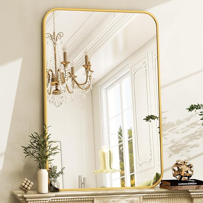 Easly 26 x 38 Inch Bathroom Mirror, Rounded Rectangular Vanity Mirror for Wall, Modern Mirror for Room Decor, Gold Framed Wall-Mounted Mirrors for Home Decor, Hangs Horizontally or Vertically