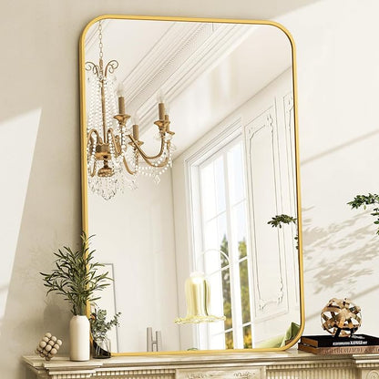 Easly 26 x 38 Inch Bathroom Mirror, Rounded Rectangular Vanity Mirror for Wall, Modern Mirror for Room Decor, Gold Framed Wall-Mounted Mirrors for Home Decor, Hangs Horizontally or Vertically