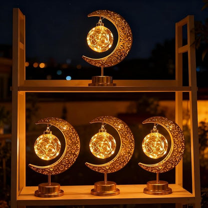 Crescent Moon Table Light with Hanging Star Ramadan Decorative Lamp Battery Operated Suitable for Home Bedroom Shop Dining Holiday Party Eid Festival Decoration (Gmoon-WW-Ball)