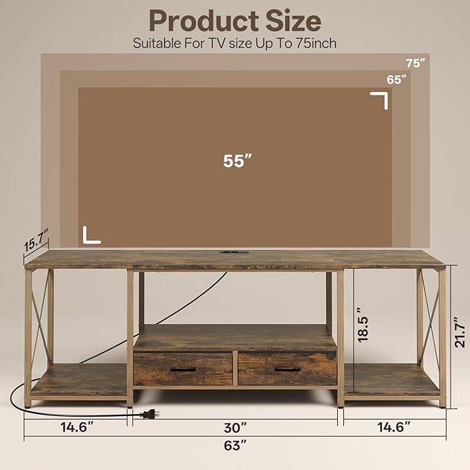 LED TV Stand with 2 Fabric Drawer - 63" Industrial TV Console Table with Open Storage Shelves for Living Room,Bedroom, Entertainment Center TV Stands for 65-75" TV - Rustic Brown Steel Frame