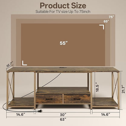 LED TV Stand with 2 Fabric Drawer - 63" Industrial TV Console Table with Open Storage Shelves for Living Room,Bedroom, Entertainment Center TV Stands for 65-75" TV - Rustic Brown Steel Frame