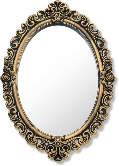 Beeveer 1 Style Vintage Mirrors Set Decorative Oval Wall Mirror Small Antique Mirrored Tray Decorative Hanging Mirror for Bathroom Bedroom Jewelry Organizer Victorian Decor (Oval,Antique Gold)