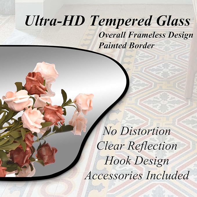 Irregular Frameless Mirror, 47.2"x24" Asymmetrical Aesthetic Mirror, Modern Organic Tempered Glass Mirrors for Living Room Bedroom Hallway Entryway, Horizontal or Vertical Hanging