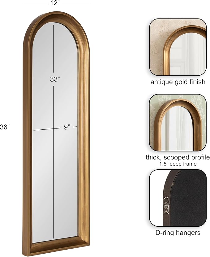 Kate and Laurel Hatherleigh Modern Slim Arched Panel Wall Mirror, 12 x 36, Gold, Transitional Narrow Wooden Arch Mirror for Use as Versatile Bedroom or Entryway Wall Decor