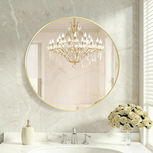 OLIXIS Bathroom Round Mirror for Over Sink, 28 Inch Wall Circle Mirror with Matte Metal Framed, Modern Wall Mount Vanity Mirror for Home Decor, Living Room, Bedroom, Gold