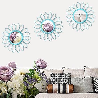 3 Pack Metal Mirrors for Wall Sunburst Wall Mirrors Home Décor Decorative Hanging Wall Art for Living Room Bedroom Entryway (Greenish Blue, Flowers)