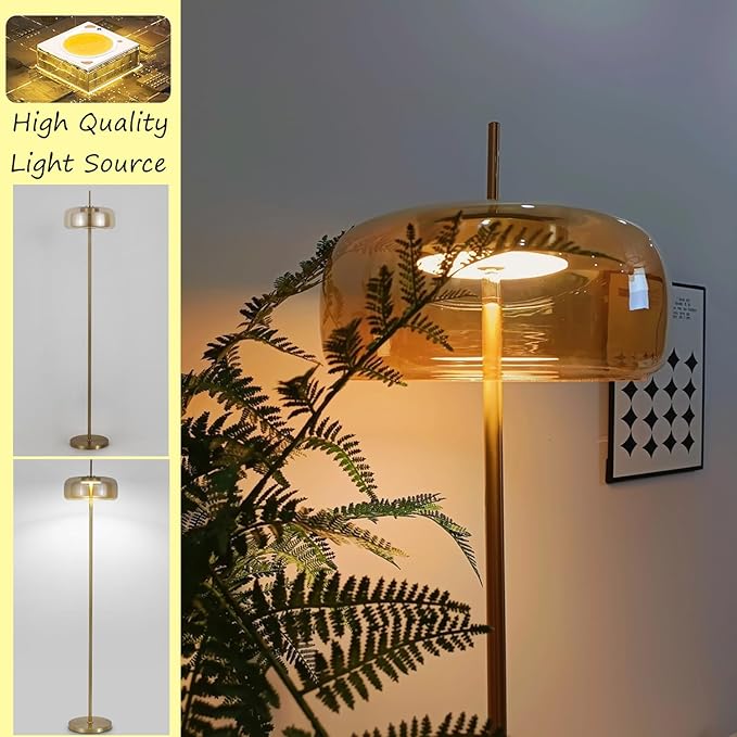 MIXL-Hand-Blown Glass Floor Lamp with Sturdy Base,Minimalist Amber Bedside Lamp with Round Shade,Nordic Style Tall Lamp for Reading Study Room and Dining Room
