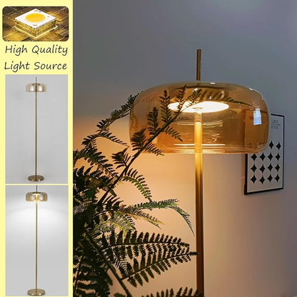MIXL-Hand-Blown Glass Floor Lamp with Sturdy Base,Minimalist Amber Bedside Lamp with Round Shade,Nordic Style Tall Lamp for Reading Study Room and Dining Room