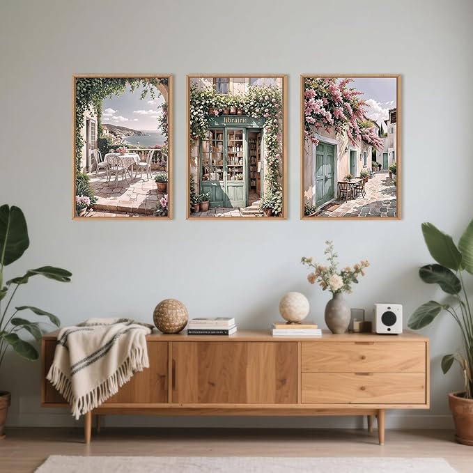 Modern French Flower Street Framed Canvas Wall Art Set,Romantic Green Landscape Wall Decor,Vintage Mediterranean Bookstore Neutral Coast Cityscape Artwork for Living Room, Bedroom-16 x24 x3