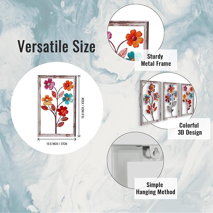 3 Pieces Metal Flowers Wall Art, 3D Boho Flower Wall Decor, Rustic Flower Wall Decor Boho Floral Bathroom Decor Metal Wall Art for Living room,Bedroom,Bathroom and Dining Room, Housewarming Gift