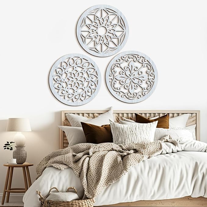 Ferraycle 6 Pieces Thicken Rustic Wall Decor Farmhouse Wall Art Wooden Round Art Hanging Decoration Hollow Carved for Living Room Bedroom Kitchen Office Apartment Hallway(Retro Grey)