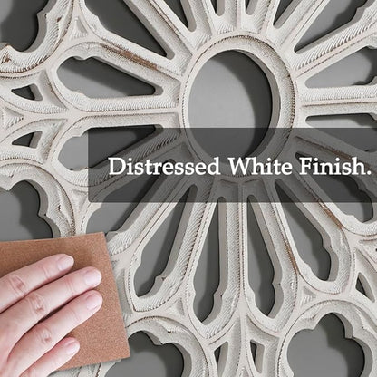 XIAOAIKA Wood Round Decorative Wall Sculpture, Hand-Carved Floral Geometric Design with Distressed White Finish, Vintage Farmhouse Boho Wall Art for Living Room Bedroom Hallway, 16 Inch