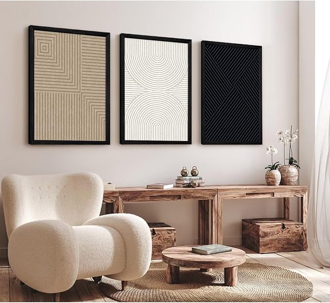 Abstract Modern Wall Decor Art Set of 3 Boho Neutral Canvas Wall Art Beige Minimalist Line Wall Art Decor Brown Black Art Modern Abstract Prints Pictures for Living Room Bedroom 16x24 Inch Framed
