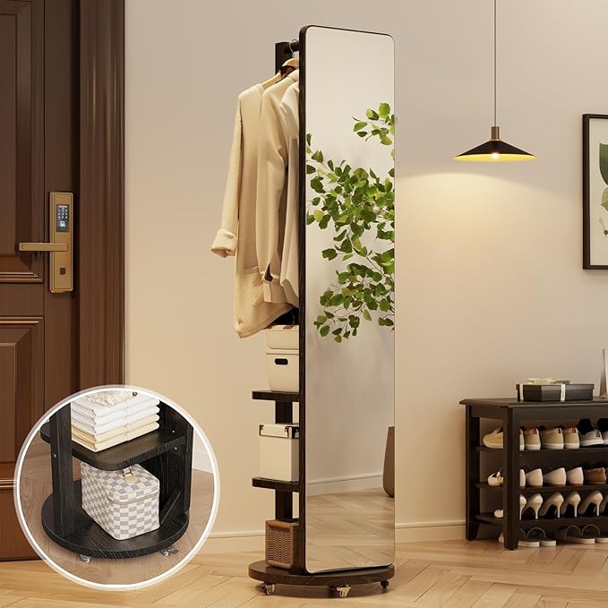 WoodsWhisper Full Length Mirror Coat Rack Solid Wood Floor Mirror 66"x12" Full Length Mirror with Stand Long Mirrors for Bedroom,Living Room (Black-Mobile, 66" Lx12 W)