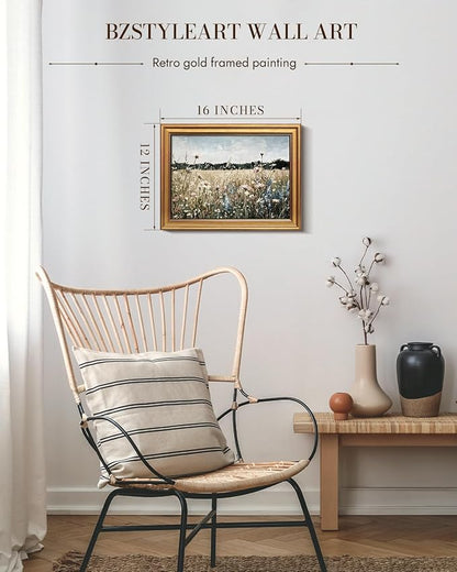 Bzstyleart Vintage Wall Art Decor for Living Room, Framed Landscape Wall Art Bedroom, Meadow with Flowers, Vintage Room Decor, Paintings for Bedroom, 12 x 16 Inch