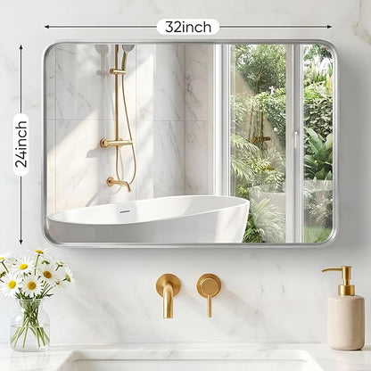 NEWBULIG 24X32 Inch Bathroom Mirror for Over Sink, Wall Vanity Mirrors Tempered Glass, Anti-Rust Metal Framed Rounded Rectangle, Hangs Horizontally or Vertically, Farmhouse Home Decor, Silvery