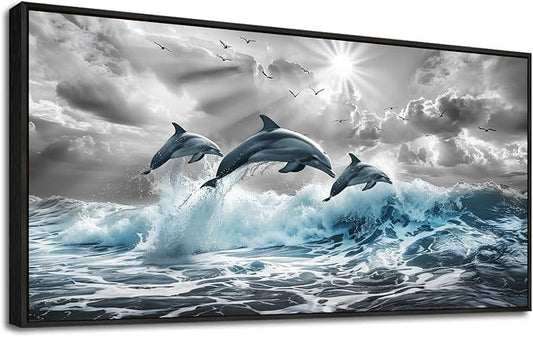 hyidecorart Wall Art For Living Room Large Wall Decor For Bedroom Modern Home Decoration Office Canvas Art Print Artwork Dolphins Seascape Wall Paintings Blue wave Pictures Black Framed 20X40