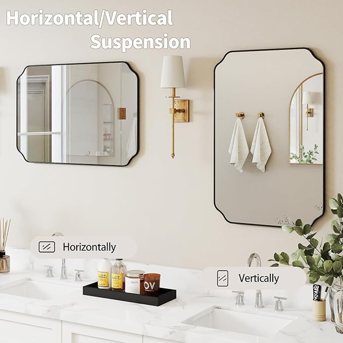 Black Wall Mirror 30"x22", Scalloped Edge Vanity Mirror - Hangs Vertically/Horizontally Decorative Bathroom Mirror for Vanity, Bedroom & Entryway, Aesthetic Bathroom Decor