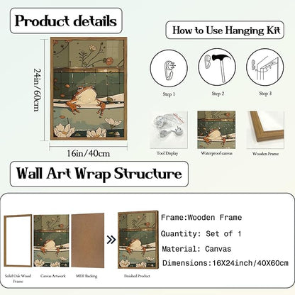 Funny Japanese Frog Bathroom Wall Art Whimsical Frog in Bathtub Wall Decor Painting Cute Animal Bathroom Poster Canvas Print Picture 16x24 inch Wood Framed