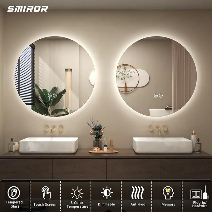 SMIROR Round Led Lighted Bathroom Mirror for Wall 36", Backlit Circle Vanity Mirror with Lights, Anti-Fog, 3 Colors, Dimmable, Memory, Shatterproof