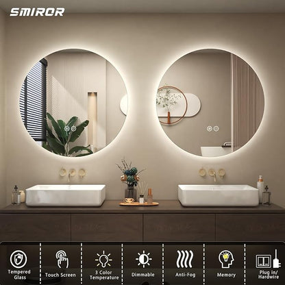 SMIROR Round Led Lighted Bathroom Mirror for Wall 40", Backlit Circle Vanity Mirror with Lights, Anti-Fog, 3 Colors, Dimmable, Memory, Shatterproof