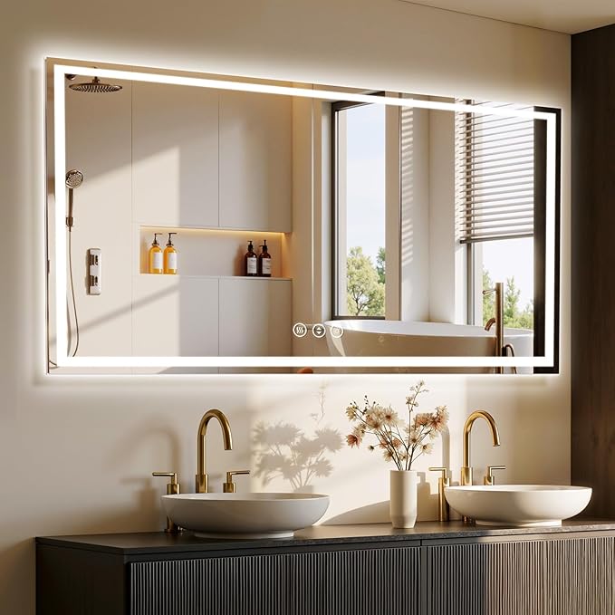 72X32 LED Bathroom Mirror with Lights, Anti-Fog, Backlit + Front Lit (CRI>90), Lighted Bathroom Vanity Mirror for Wall, Memory Function, Dimmable, Tempered Glass, Shatter-Proof