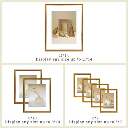 Frametory, Floating Picture Frames Set - Bronze Metal Photo Frames - Real Glass - Display One 11x14, Two 8x10, and Four 5x7 Inch Photos for Home Decoration