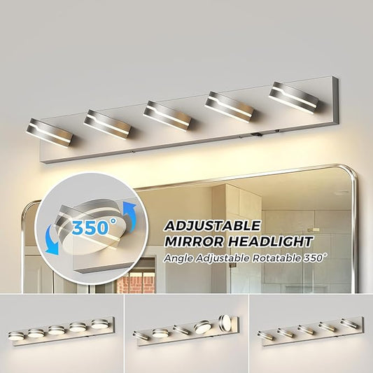 Vanity Lights for Bathroom, Motion Sensor 3 CCT Dimmable Brushed Nickel Bathroom Light Fixtures Over Mirror, 32.28in 30W 5-Light LED Modern Wall Sconce Makeup Lighting, 350° Rotatable, Hardwired