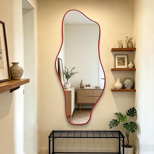 Large Irregular Mirror, 63"x30" Asymmetrical Tempered Glass Wall Mirror, Red Modern Organic Frameless Mirrors for Living Room Bedroom Hallway Entryway, Horizontal or Vertical Hanging