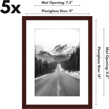 Americanflat 11x15 Picture Frame with Polished Plexiglass - Set of 5 - Use as 8x12 Frame with Mat or Display 11x15 Photo Without Mat - Galleria Collection - Picture Frames for Wall Display - Mahogany