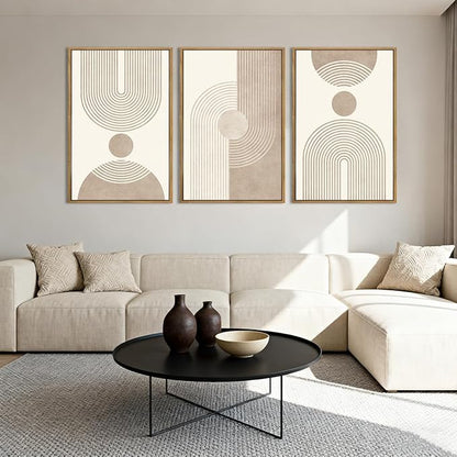 BINCUE Beige Neutral Canvas Wall Art Framed Geometric Abstract Wall Decor Mid Century Modern Artwork Wall Decor for Living Room Bedroom Office 16"x24" Set 3 Gift