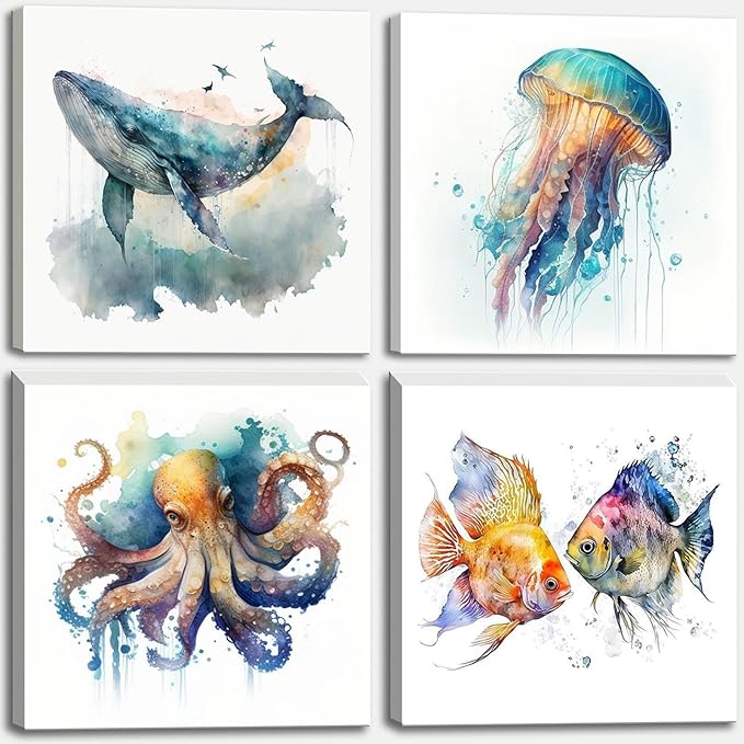 Colorful Marine Life Canvas Wall Art for Bathroom Decor, Green Jellyfish Picture Print, Watercolor Fish Artwork Sea Life Blue Orange Octopus Painting Poster for Bedroom Living Room Decoration 12"x12"