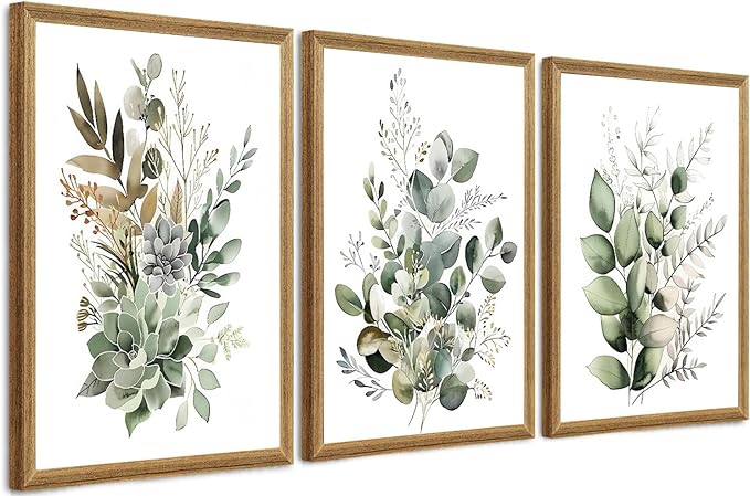 FYLDPSB 3 PCS Framed Watercolor Floral Canvas Wall Art, Boho Sage Green Wildflower Wall Decor, Modern Flowers and plants Painting Print for Bedroom Living Room Bathroom Decorations 24''L x 16''W