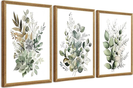 FYLDPSB 3 PCS Framed Watercolor Floral Canvas Wall Art, Boho Sage Green Wildflower Wall Decor, Modern Flowers and plants Painting Print for Bedroom Living Room Bathroom Decorations 24''L x 16''W