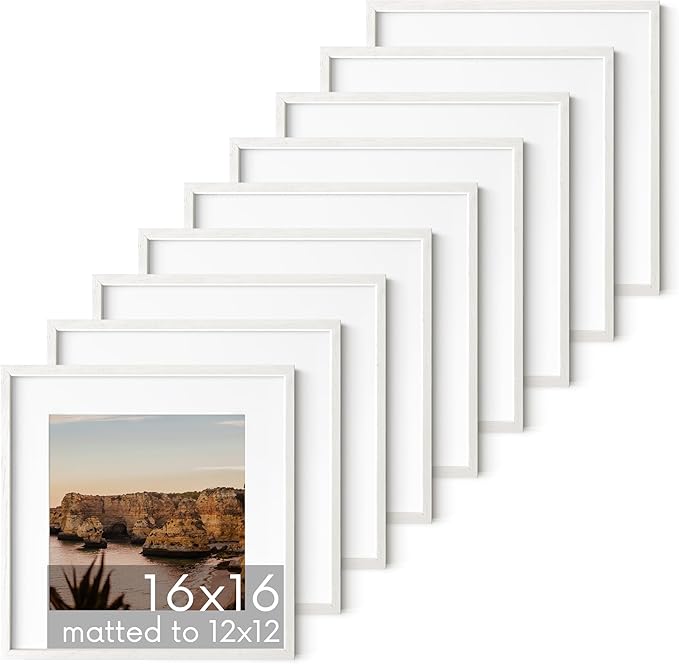 HAUS AND HUES White Oak Wood 16x16 Picture Frames - Set of 9, Square Frames with Mat, Elegant White Frames for Gallery Wall Display (16x16 in, White, Set of 9)