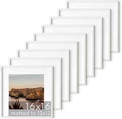 HAUS AND HUES White Oak Wood 16x16 Picture Frames - Set of 9, Square Frames with Mat, Elegant White Frames for Gallery Wall Display (16x16 in, White, Set of 9)