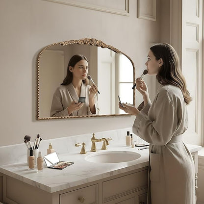 Besdomus Gold Vintage Vanity Mirror: 24"x 32" French Baroque Arched Mirror - Traditional Ornate Antique for Dresser/Mantel/Bedroom/Entryway/Bathroom/Hallway - Home Decor for Living Room