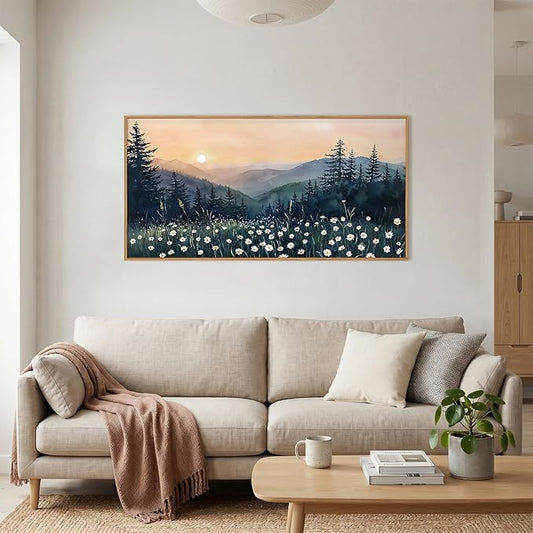 KAIRNE Mountain Floral Landscape Framed Canvas Wall Art Set,Watercolor Forest Wall Decor,Misty Pine Tree Art Prints,Nature Sunset Scenery Artwork for Living Room,Bedroom,Farmhouse,Office-40 x20 x1