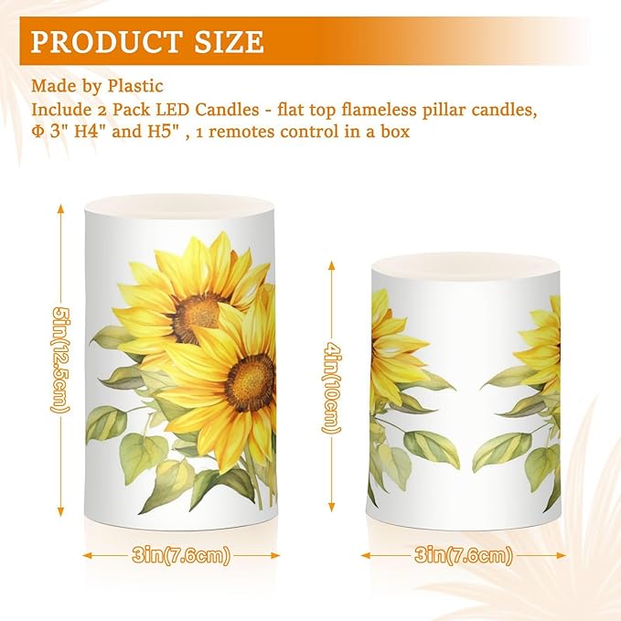 ALAZA Blooming Yellow Sunflowers Flickering Flameless Candles Battery Operated with Remote Timer,Tea Light Candles LED Pillar Votive Candles Set of 2 for Outdoor Indoor Decorations