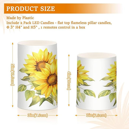 ALAZA Blooming Yellow Sunflowers Flickering Flameless Candles Battery Operated with Remote Timer,Tea Light Candles LED Pillar Votive Candles Set of 2 for Outdoor Indoor Decorations