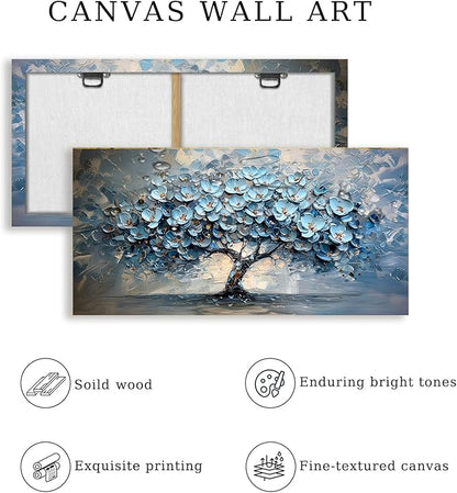 crmotu Tree of Life Large Wall Art for Living Room, Blue Floral Tree Abstract Canvas Prints Aesthetic Pictures, Modern Neutral Wall Decor for Bedroom Bathroom Office, Nature Botanical Decor 29"X57"