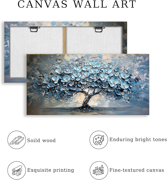 crmotu Tree of Life Large Wall Art for Living Room, Blue Floral Tree Abstract Canvas Prints Aesthetic Pictures, Modern Neutral Wall Decor for Bedroom Bathroom Office, Nature Botanical Decor 24"X48"