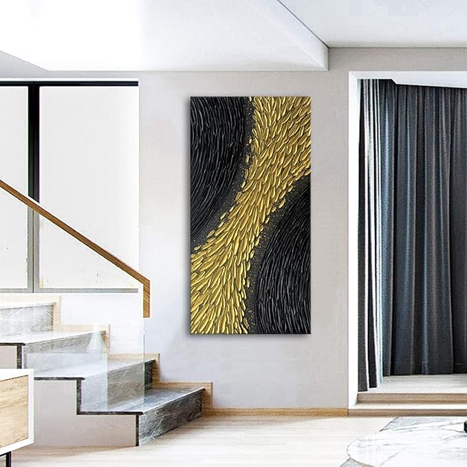 Slyart Black and Gold Wall Art, Large Gold Texture Abstract Art, Contemporary Art Oil Painting, 24"x48" Modern Home Decor for Living Room Bedroom