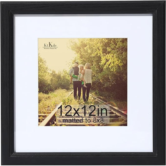 KTKDE 12x12 Picture Frame Real Glass, Display Pictures 8x8 with Mat or 12x12 Without Mat, Modern Style Wood Composite Frame,Gallery Wall Frame Wooden Black ，best gift