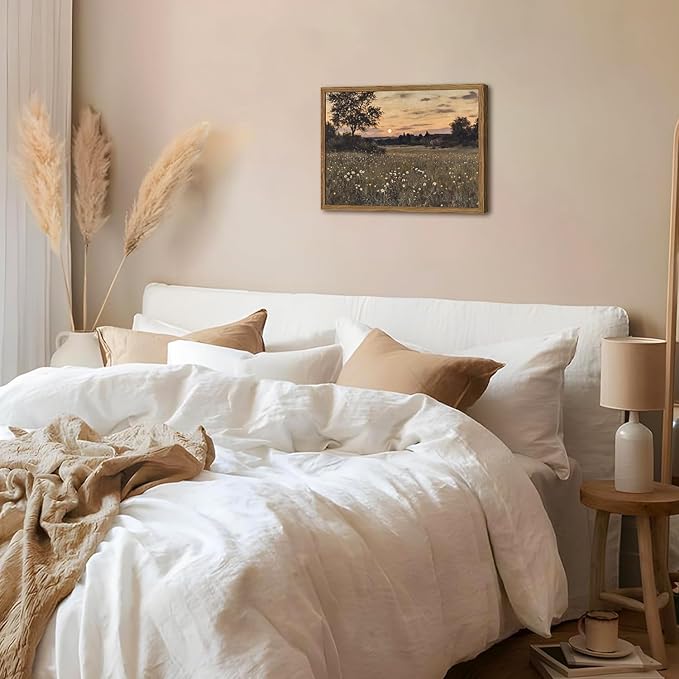Vintage Farmhouse Wall Art, Rustic Floral Wall Decor Paintings, Twilight Firefly Artwork Painting Field Nature Landscape Canvas Prints for Bedroom Living Room 16x24 inch Wood Framed