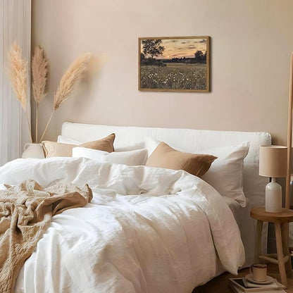 Vintage Farmhouse Wall Art, Rustic Floral Wall Decor Paintings, Twilight Firefly Artwork Painting Field Nature Landscape Canvas Prints for Bedroom Living Room 12x16 inch Wood Framed