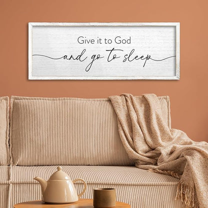 TQianJiang Give It To God And Go To Sleep Wall Decor Sign 24"X10" for Master Bedroom Above Bed Large Wood Framed Wall Art Hanging (White)