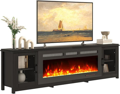 oneinmil 80" Fireplace TV Stand, 50 Inch Electric Fireplace & Modern Entertainment Center, TV Console with Adjustable Shelf & Glass Door for TVs Up to 90", Fire Place TV Stands for Living Room, Black