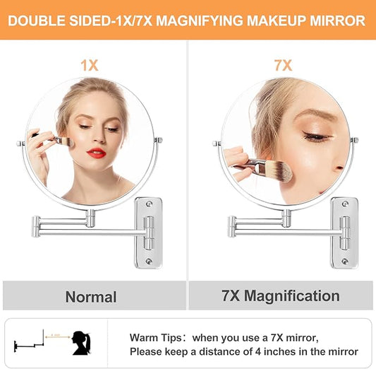 9" Magnifying Wall Mount Makeup Vanity Mirror,1x/7x Double-Side Makeup Mirror with Magnification,Swivel Extendable Shaving Face Mirror for Bathroom, Wall Mirror for Chrome